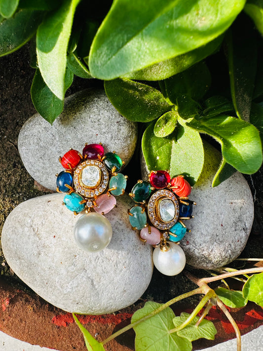 Navratna Pearl Drop Earrings