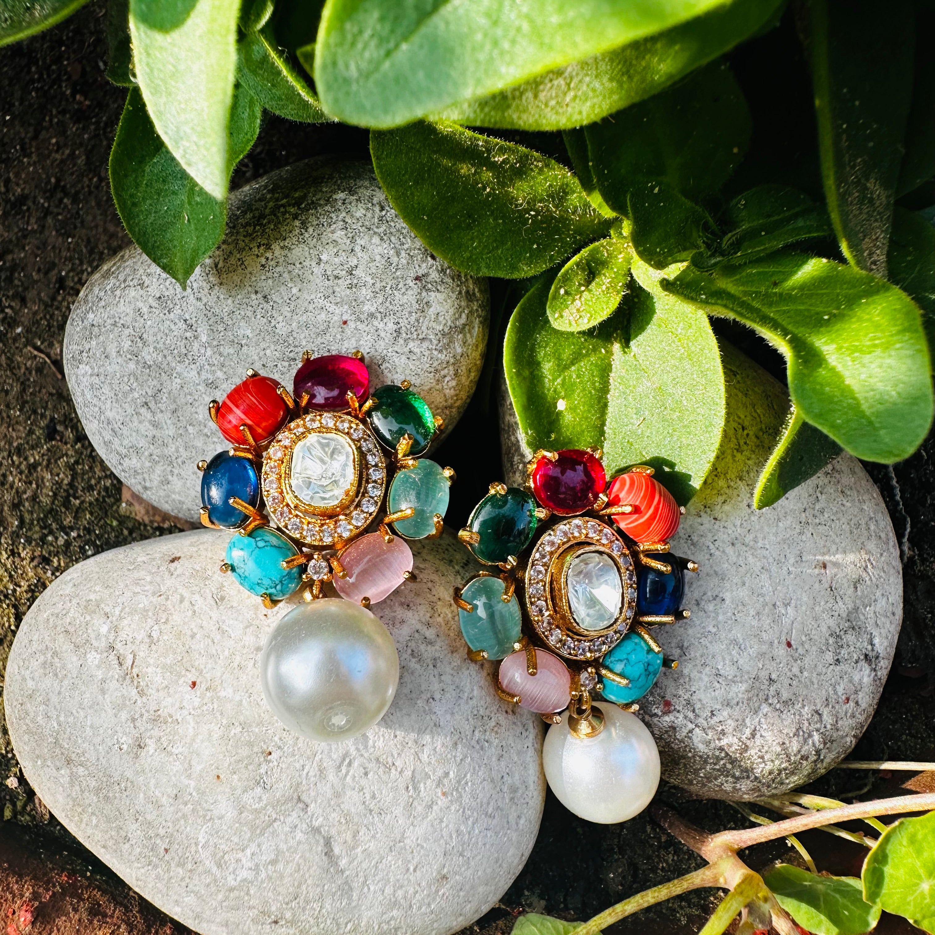 Navratna Pearl Drop Earrings